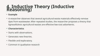 4. Inductive Theory (Inductive
Reasoning)
• Example
• A researcher observes that several agricultural waste materials effectively remove
dyes from wastewater. After repeated studies, the researcher proposes a theory that
lignocellulosic agricultural wastes are effective low-cost adsorbents.
• Characteristics
• Starts with observations.
• Generates new theories.
• Flexible and exploratory.
• Common in qualitative research
 