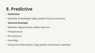 8. Predictive
• Definition
• Scientific knowledge helps predict future outcomes.
• General Example
• Weather departments collect data on:
• Temperature
• Air pressure
• Humidity
• Using this information, they predict tomorrow's weather.
 