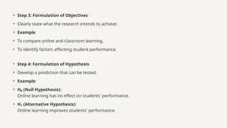 • Step 3: Formulation of Objectives
• Clearly state what the research intends to achieve.
• Example
• To compare online and classroom learning.
• To identify factors affecting student performance.
• Step 4: Formulation of Hypothesis
• Develop a prediction that can be tested.
• Example
• H₀ (Null Hypothesis):
Online learning has no effect on students' performance.
• H₁ (Alternative Hypothesis):
Online learning improves students' performance.
 