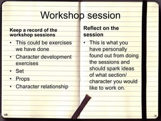 Workshop session
Keep a record of the
workshop sessions
• This could be exercises
we have done
• Character development
exercises
• Set
• Props
• Character relationship
Reflect on the
session
• This is what you
have personally
found out from doing
the sessions and
should spark ideas
of what section/
character you would
like to work on.
 