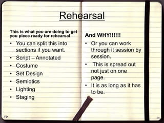 Rehearsal
This is what you are doing to get
you piece ready for rehearsal
• You can split this into
sections if you want.
• Script – Annotated
• Costume
• Set Design
• Semiotics
• Lighting
• Staging
And WHY!!!!!!
• Or you can work
through it session by
session.
• This is spread out
not just on one
page.
• It is as long as it has
to be.
 