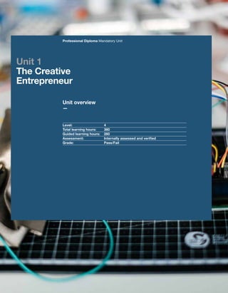 24 UAL Awarding Body
Unit overview
—
Professional Diploma Mandatory Unit
Level:			4
Total learning hours:	 360
Guided learning hours:	 260
Assessment:		 Internally assessed and verified
Grade:			Pass/Fail
Unit 1
The Creative
Entrepreneur
 