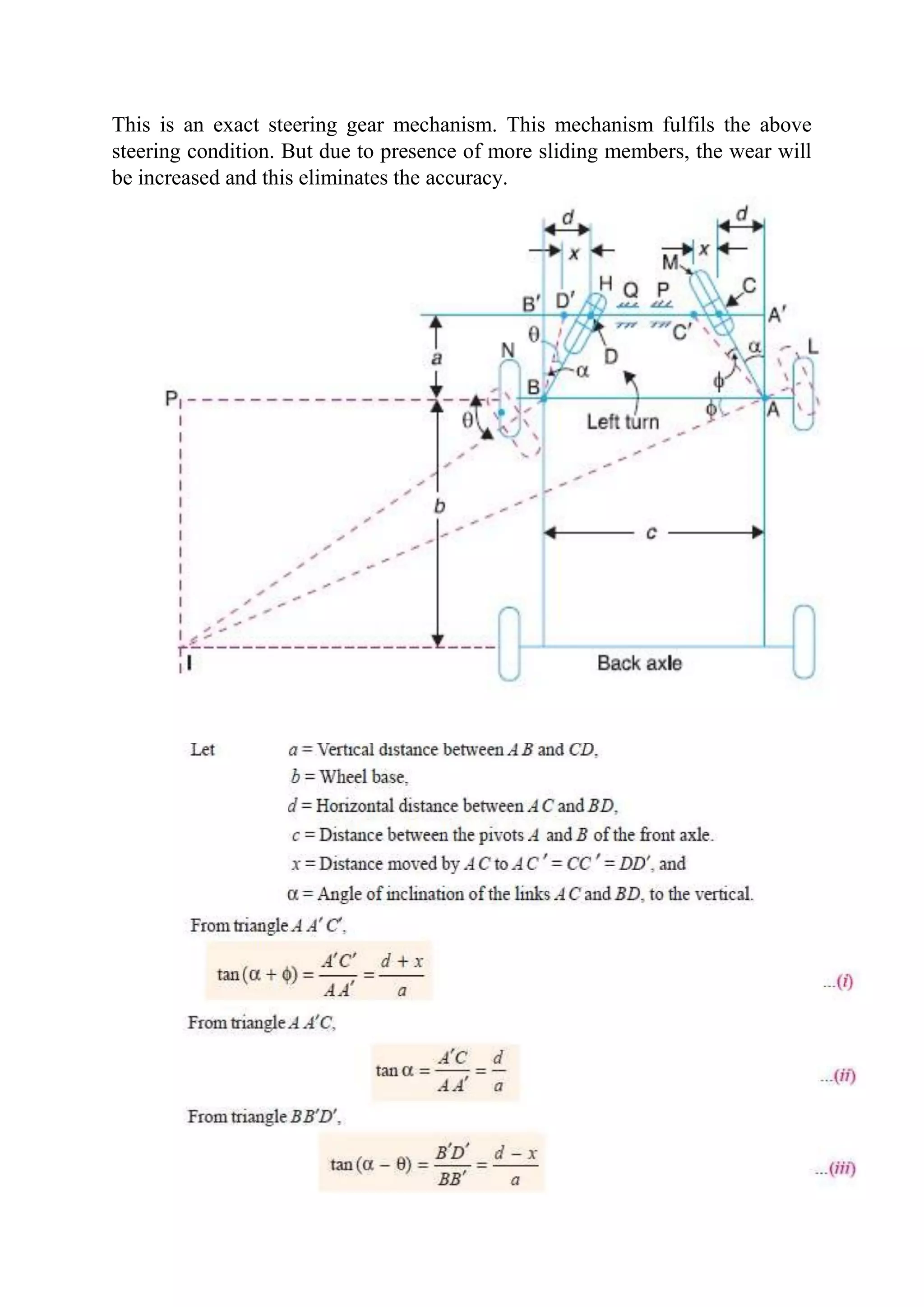 This is an exact steering gear mechanism. This mechanism fulfils the above
steering condition. But due to presence of more sliding members, the wear will
be increased and this eliminates the accuracy.
 