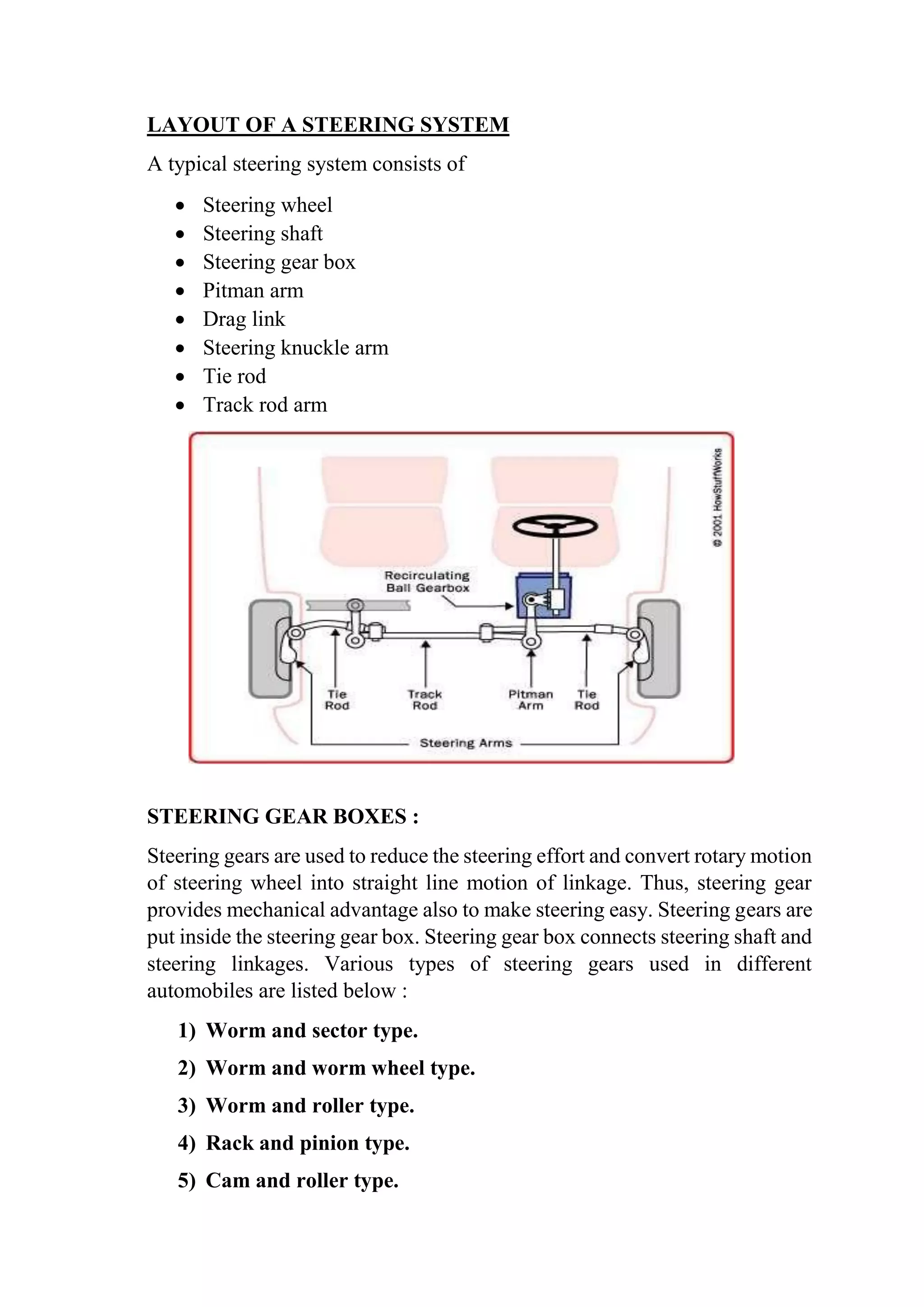 LAYOUT OF A STEERING SYSTEM
A typical steering system consists of
 Steering wheel
 Steering shaft
 Steering gear box
 Pitman arm
 Drag link
 Steering knuckle arm
 Tie rod
 Track rod arm
STEERING GEAR BOXES :
Steering gears are used to reduce the steering effort and convert rotary motion
of steering wheel into straight line motion of linkage. Thus, steering gear
provides mechanical advantage also to make steering easy. Steering gears are
put inside the steering gear box. Steering gear box connects steering shaft and
steering linkages. Various types of steering gears used in different
automobiles are listed below :
1) Worm and sector type.
2) Worm and worm wheel type.
3) Worm and roller type.
4) Rack and pinion type.
5) Cam and roller type.
 