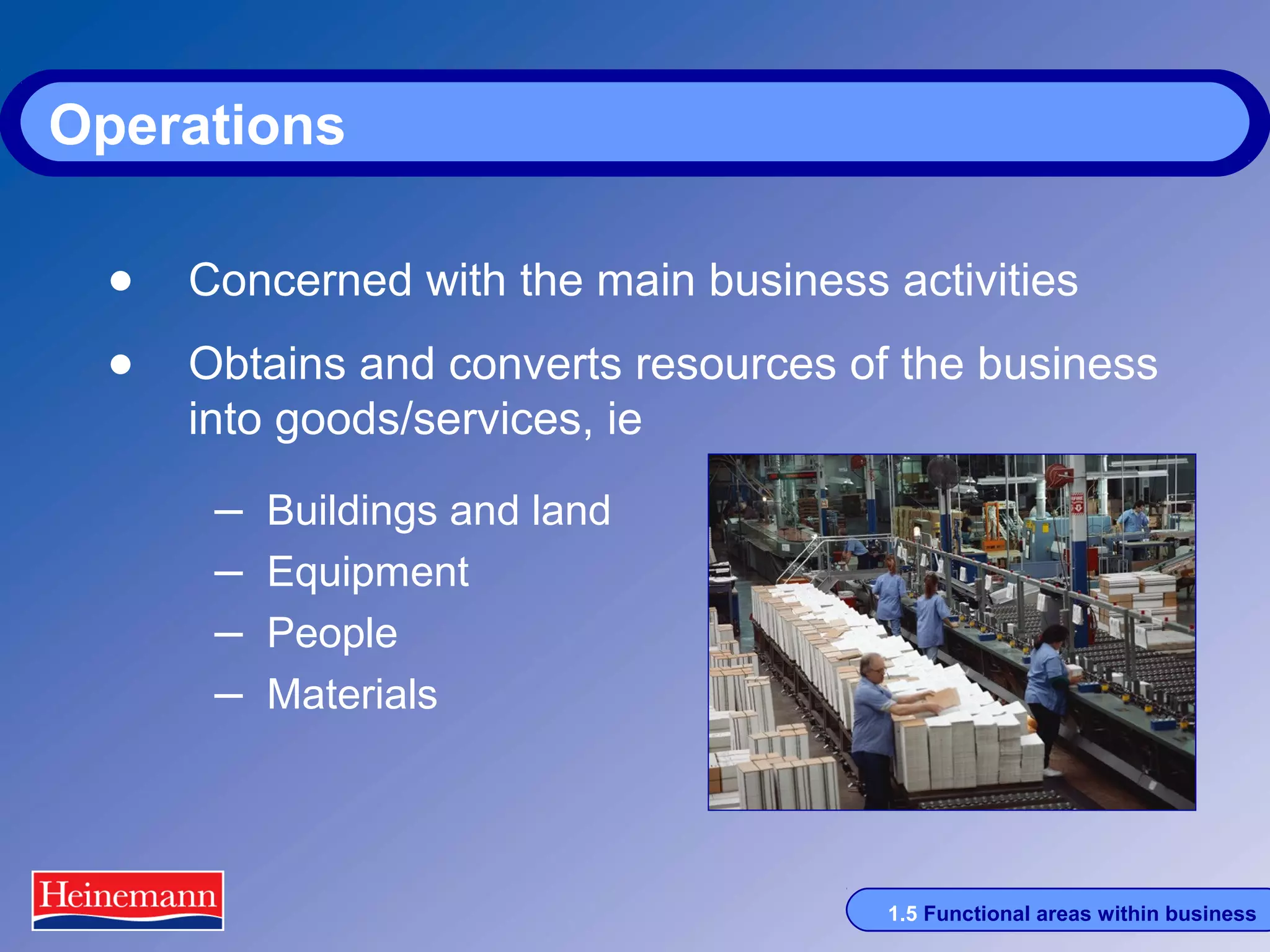 Operations
• Concerned with the main business activities
• Obtains and converts resources of the business
into goods/services, ie

–
–
–
–

Buildings and land
Equipment
People
Materials

1.5 Functional areas within business

 