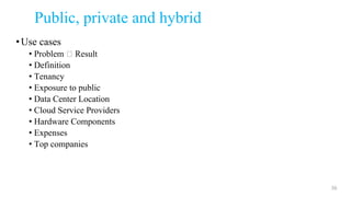 Public, private and hybrid
•Use cases
• Problem Result
• Definition
• Tenancy
• Exposure to public
• Data Center Location
• Cloud Service Providers
• Hardware Components
• Expenses
• Top companies
30
 