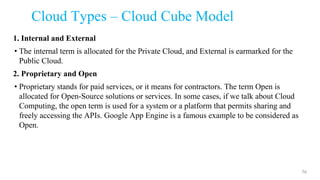Cloud Types – Cloud Cube Model
1. Internal and External
• The internal term is allocated for the Private Cloud, and External is earmarked for the
Public Cloud.
2. Proprietary and Open
• Proprietary stands for paid services, or it means for contractors. The term Open is
allocated for Open-Source solutions or services. In some cases, if we talk about Cloud
Computing, the open term is used for a system or a platform that permits sharing and
freely accessing the APIs. Google App Engine is a famous example to be considered as
Open.
56
 