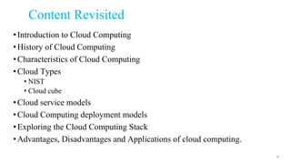 Content Revisited
•Introduction to Cloud Computing
•History of Cloud Computing
•Characteristics of Cloud Computing
•Cloud Types
• NIST
• Cloud cube
•Cloud service models
•Cloud Computing deployment models
•Exploring the Cloud Computing Stack
•Advantages, Disadvantages and Applications of cloud computing.
6
 