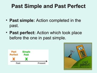 Past Simple and Past Perfect
• Past simple: Action completed in the
past.
• Past perfect: Action which took place
before the one in past simple.
 