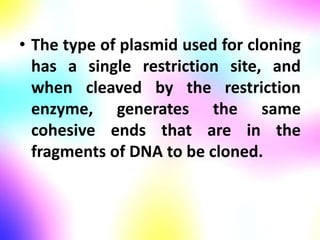 • The type of plasmid used for cloning
has a single restriction site, and
when cleaved by the restriction
enzyme, generates the same
cohesive ends that are in the
fragments of DNA to be cloned.
 