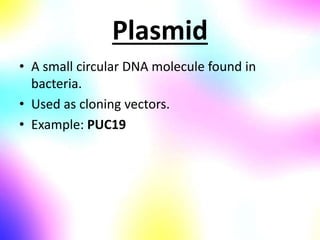Plasmid
• A small circular DNA molecule found in
bacteria.
• Used as cloning vectors.
• Example: PUC19
 