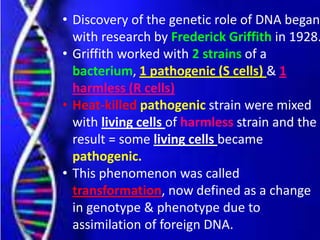 • Discovery of the genetic role of DNA began
with research by Frederick Griffith in 1928.
• Griffith worked with 2 strains of a
bacterium, 1 pathogenic (S cells) & 1
harmless (R cells)
• Heat-killed pathogenic strain were mixed
with living cells of harmless strain and the
result = some living cells became
pathogenic.
• This phenomenon was called
transformation, now defined as a change
in genotype & phenotype due to
assimilation of foreign DNA.
 