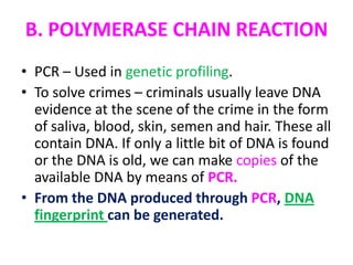 B. POLYMERASE CHAIN REACTION
• PCR – Used in genetic profiling.
• To solve crimes – criminals usually leave DNA
evidence at the scene of the crime in the form
of saliva, blood, skin, semen and hair. These all
contain DNA. If only a little bit of DNA is found
or the DNA is old, we can make copies of the
available DNA by means of PCR.
• From the DNA produced through PCR, DNA
fingerprint can be generated.

 