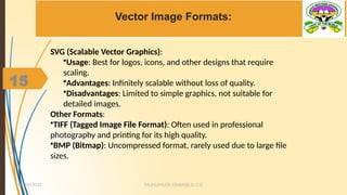 15
Vector Image Formats:
MUHUMUZA ONAN(B.Sc.CS)
10/28/2024
15
SVG (Scalable Vector Graphics):
•Usage: Best for logos, icons, and other designs that require
scaling.
•Advantages: Infinitely scalable without loss of quality.
•Disadvantages: Limited to simple graphics, not suitable for
detailed images.
Other Formats:
•TIFF (Tagged Image File Format): Often used in professional
photography and printing for its high quality.
•BMP (Bitmap): Uncompressed format, rarely used due to large file
sizes.
 