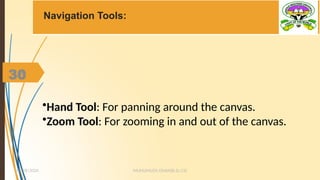 30
MUHUMUZA ONAN(B.Sc.CS)
10/28/2024
30
Navigation Tools:
•Hand Tool: For panning around the canvas.
•Zoom Tool: For zooming in and out of the canvas.
 