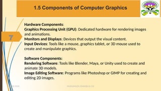 7
1.5 Components of Computer Graphics
MUHUMUZA ONAN(B.Sc.CS)
10/28/2024
7
Hardware Components:
Graphics Processing Unit (GPU): Dedicated hardware for rendering images
and animations.
Monitors and Displays: Devices that output the visual content.
Input Devices: Tools like a mouse, graphics tablet, or 3D mouse used to
create and manipulate graphics.
Software Components:
Rendering Software: Tools like Blender, Maya, or Unity used to create and
animate 3D models.
Image Editing Software: Programs like Photoshop or GIMP for creating and
editing 2D images.
 