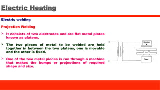 Electric Heating
Electric welding
Projection Welding
 It consists of two electrodes and are flat metal plates
known as platens.
 The two pieces of metal to be welded are held
together in between the two platens, one is movable
and the other is fixed.
 One of the two metal pieces is run through a machine
that makes the bumps or projections of required
shape and size.
 