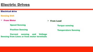 Electric Drives
Electrical drive
Sensing Unit
 From Motor
Speed Sensing
Position Sensing
Current sensing and Voltage
Sensing from Lines or from motor terminals
 From Load
Torque sensing
Temperature Sensing
 