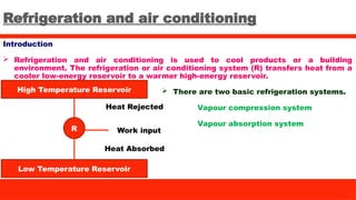 Refrigeration and air conditioning
Introduction
 Refrigeration and air conditioning is used to cool products or a building
environment. The refrigeration or air conditioning system (R) transfers heat from a
cooler low-energy reservoir to a warmer high-energy reservoir.
Heat Absorbed
Heat Rejected
Low Temperature Reservoir
High Temperature Reservoir
R Work input
 There are two basic refrigeration systems.
Vapour compression system
Vapour absorption system
 