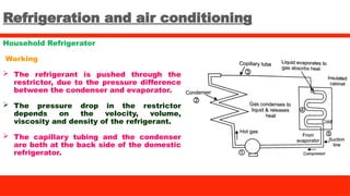Refrigeration and air conditioning
Household Refrigerator
Working
 The refrigerant is pushed through the
restrictor, due to the pressure difference
between the condenser and evaporator.
 The pressure drop in the restrictor
depends on the velocity, volume,
viscosity and density of the refrigerant.
 The capillary tubing and the condenser
are both at the back side of the domestic
refrigerator.
 