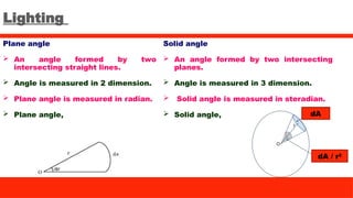 Lighting
Plane angle
 An angle formed by two
intersecting straight lines.
 Angle is measured in 2 dimension.
 Plane angle is measured in radian.
 Plane angle,
Solid angle
 An angle formed by two intersecting
planes.
 Angle is measured in 3 dimension.
 Solid angle is measured in steradian.
 Solid angle, dA
dA / r2
 