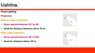 Lighting
Flood Lighting
Projectors
Medium angle projectors
 Beam spread between 250
to 400
.
 Used for distance between 30 to 70 m.
Wide angle projectors
 Beam spread between 400
to 900
.
 Used for distance below 30 m.
 