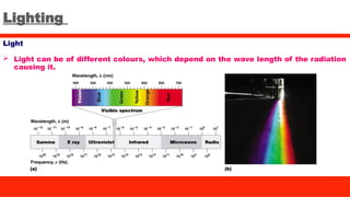 Lighting
Light
 Light can be of different colours, which depend on the wave length of the radiation
causing it.
 