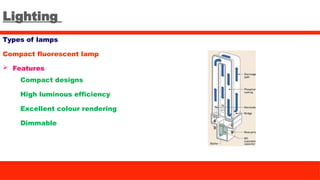 Lighting
Types of lamps
Compact fluorescent lamp
 Features
Compact designs
High luminous efficiency
Excellent colour rendering
Dimmable
 