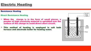 Electric Heating
Resistance Heating
Direct Resistance Heating
 When the charge is in the form of small pieces, a
powder of high resistivity material is sprinkled over the
surface of the charge to avoid direct short circuit.
 This method of heating is employed in salt bath
furnace and electrode boiler for heating water.
 