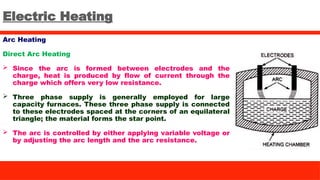 Electric Heating
Arc Heating
Direct Arc Heating
 Since the arc is formed between electrodes and the
charge, heat is produced by flow of current through the
charge which offers very low resistance.
 Three phase supply is generally employed for large
capacity furnaces. These three phase supply is connected
to these electrodes spaced at the corners of an equilateral
triangle; the material forms the star point.
 The arc is controlled by either applying variable voltage or
by adjusting the arc length and the arc resistance.
 