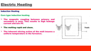 Electric Heating
Induction Heating
Core type induction heating
 The magnetic coupling between primary and
secondary is poor. This results in high leakage
current and low PF.
 The melting rapid and clean.
 The inherent stirring action of the melt insures a
uniform temperature in the furnance.
 