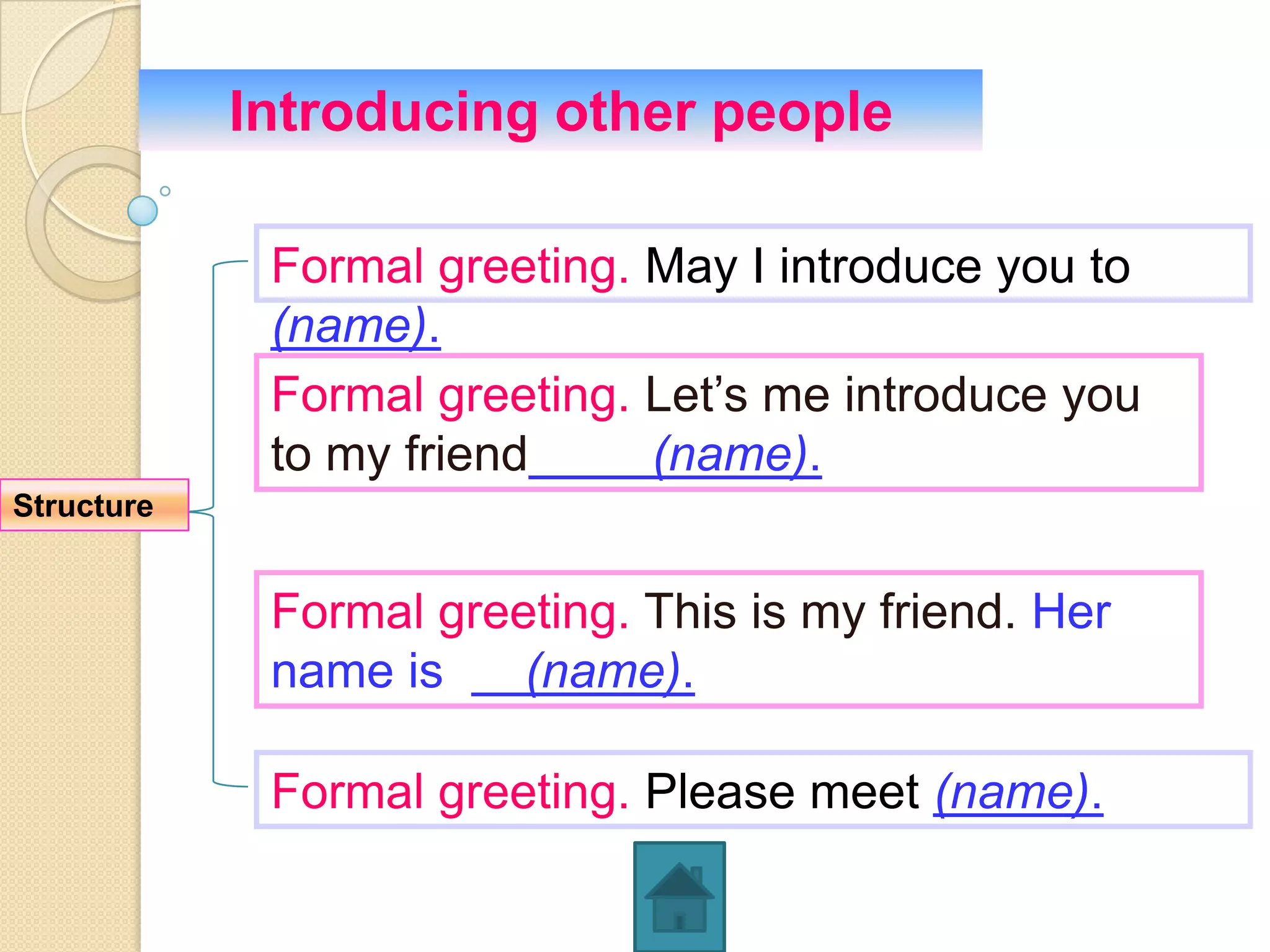 Introducing other people

             Formal greeting. May I introduce you to
             (name).
             Formal greeting. Let’s me introduce you
             to my friend     (name).
Structure


             Formal greeting. This is my friend. Her
             name is    (name).

             Formal greeting. Please meet (name).
 