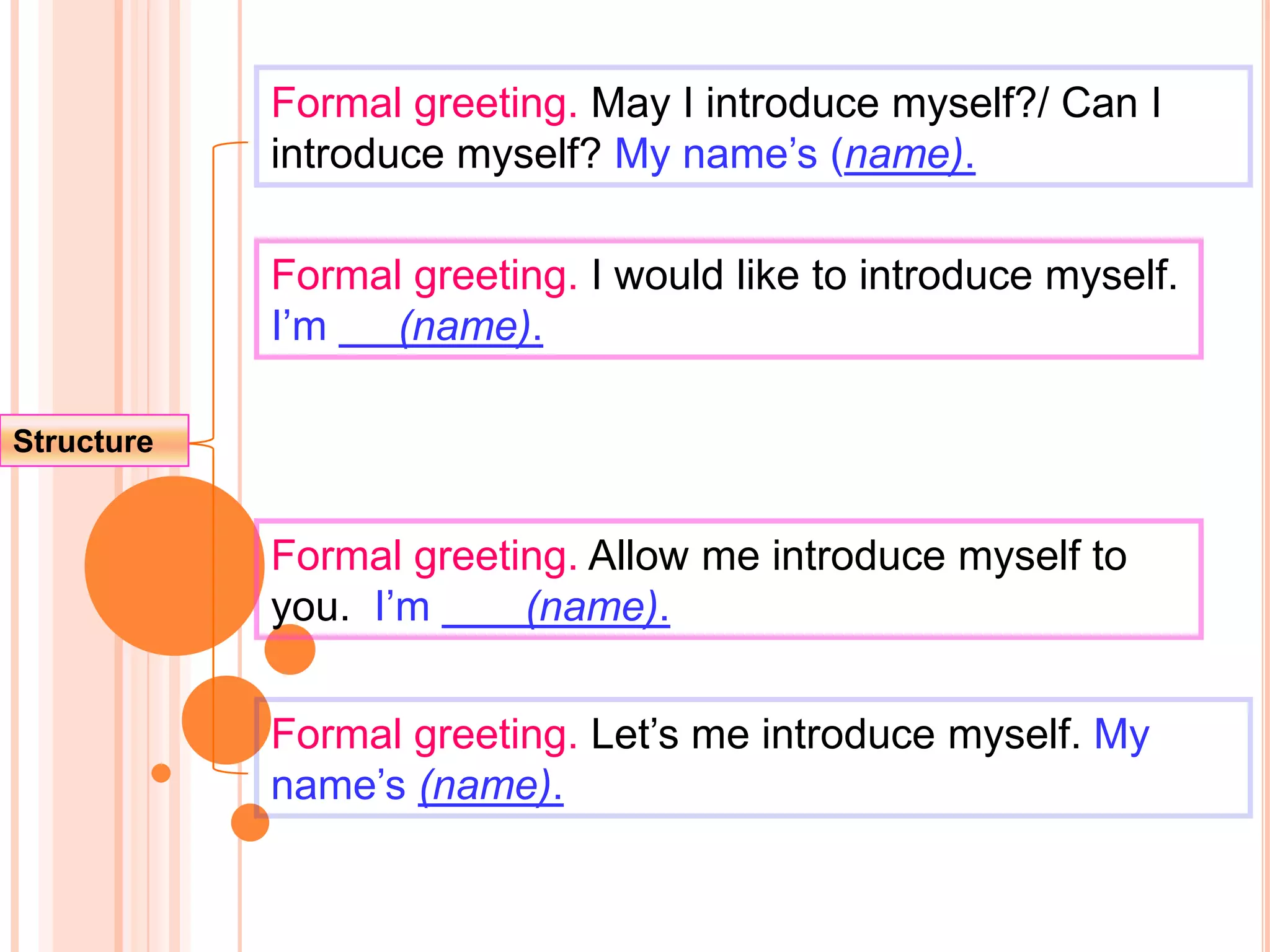 Formal greeting. May I introduce myself?/ Can I
            introduce myself? My name’s (name).

            Formal greeting. I would like to introduce myself.
            I’m   (name).

Structure


            Formal greeting. Allow me introduce myself to
            you. I’m     (name).


            Formal greeting. Let’s me introduce myself. My
            name’s (name).
 