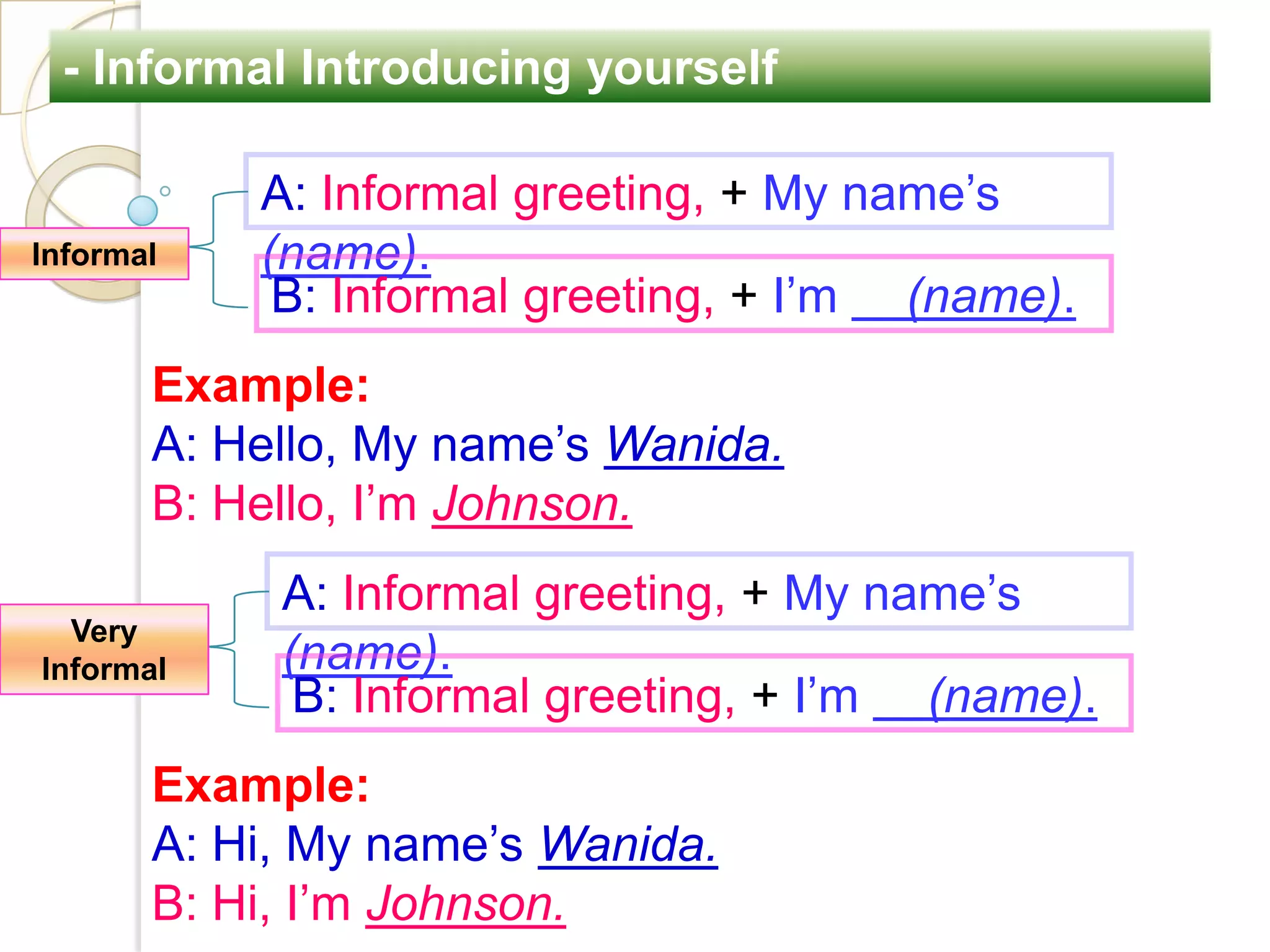 - Informal Introducing yourself

           A: Informal greeting, + My name’s
Informal   (name).
            B: Informal greeting, + I’m (name).
       Example:
       A: Hello, My name’s Wanida.
       B: Hello, I’m Johnson.
            A: Informal greeting, + My name’s
  Very
Informal    (name).
             B: Informal greeting, + I’m (name).
       Example:
       A: Hi, My name’s Wanida.
       B: Hi, I’m Johnson.
 