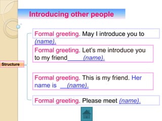 Introducing other people

             Formal greeting. May I introduce you to
             (name).
             Formal greeting. Let’s me introduce you
             to my friend     (name).
Structure


             Formal greeting. This is my friend. Her
             name is    (name).

             Formal greeting. Please meet (name).
 
