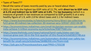 • Types of Taxes???
• Recall the name of taxes recently paid by you or heard about them
• 2021-22 marks the highest tax-GDP ratio of 11.7%, with direct tax to GDP ratio
at 6.1% and indirect tax to GDP ratio at 5.6%. The tax buoyancy (which is a
measure of growth in tax revenues as compared to GDP growth) is at a very
healthy figure of 1.9, with 2.8 for direct taxes and 1.1 for indirect taxes
• https://www.businesstoday.in/latest/economy/story/direct-tax-collection-in-
fy22-grew-49-indirect-tax-collection-30-revenue-secy-329167-2022-04-08
• https://economictimes.indiatimes.com/small-biz/gst/gst-revision-can-enable-
india-achieve-5-trillion-economy-ey/articleshow/93877560.cms
• https://www.thehindu.com/news/national/tamil-nadu/states-own-tax-
revenue-grew-over-50-in-the-first-quarter-of-this-fiscal/article65822748.ece
• https://economictimes.indiatimes.com/automakers-divided-over-safety-tax-
benefit-for-small-cars/articleshow/56486350.cms?from=mdr
• https://pib.gov.in/Pressreleaseshare.aspx?PRID=1703238
 