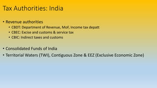 Tax Authorities: India
• Revenue authorities
• CBDT: Department of Revenue, MoF, Income tax depatt
• CBEC: Excise and customs & service tax
• CBIC: Indirect taxes and customs
• Consolidated Funds of India
• Territorial Waters (TWI), Contiguous Zone & EEZ (Exclusive Economic Zone)
 