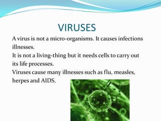 VIRUSES
A virus is not a micro-organisms. It causes infections
illnesses.
It is not a living-thing but it needs cells to carry out
its life processes.
Viruses cause many illnesses such as flu, measles,
herpes and AIDS.

 
