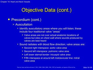 Chapter 19: Heart and Neck Vessels




                           Objective Data (cont.)
           Precordium (cont.)
                Auscultation
                  • Identify auscultatory areas where you will listen; these
                       include four traditional valve “areas”
                               Valve areas are not over actual anatomic locations of
                                valves but sites on chest wall where sounds produced by
                                valves are best heard
                   • Sound radiates with blood flow direction; valve areas are:
                               Second right interspace: aortic valve area
                               Second left interspace: pulmonic valve area
                               Left lower sternal border: tricuspid valve area
                               Fifth interspace at around left midclavicular line: mitral
                                valve area

                   Elsevier items and derived items © 2012, 2008, 2004, 2000, 1996, 1992 by Saunders, an imprint of Elsevier Inc.   Slide 19-105
 