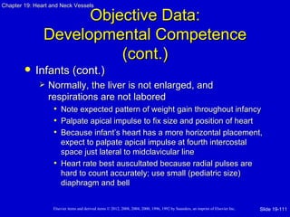 Chapter 19: Heart and Neck Vessels

                     Objective Data:
               Developmental Competence
                         (cont.)
           Infants (cont.)
                Normally, the liver is not enlarged, and
                 respirations are not labored
                  • Note expected pattern of weight gain throughout infancy
                  • Palpate apical impulse to fix size and position of heart
                  • Because infant’s heart has a more horizontal placement,
                     expect to palpate apical impulse at fourth intercostal
                     space just lateral to midclavicular line
                   • Heart rate best auscultated because radial pulses are
                     hard to count accurately; use small (pediatric size)
                     diaphragm and bell


                   Elsevier items and derived items © 2012, 2008, 2004, 2000, 1996, 1992 by Saunders, an imprint of Elsevier Inc.   Slide 19-111
 