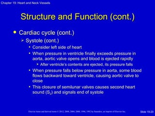 Chapter 19: Heart and Neck Vessels




             Structure and Function (cont.)
           Cardiac cycle (cont.)
                Systole (cont.)
                  • Consider left side of heart
                  • When pressure in ventricle finally exceeds pressure in
                       aorta, aortic valve opens and blood is ejected rapidly
                               After ventricle’s contents are ejected, its pressure falls
                   • When pressure falls below pressure in aorta, some blood
                     flows backward toward ventricle, causing aortic valve to
                     close
                   • This closure of semilunar valves causes second heart
                     sound (S2) and signals end of systole



                   Elsevier items and derived items © 2012, 2008, 2004, 2000, 1996, 1992 by Saunders, an imprint of Elsevier Inc.   Slide 19-20
 