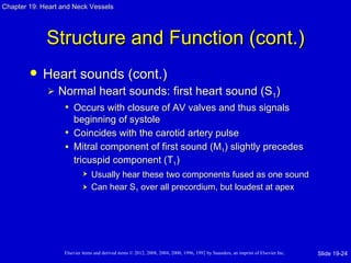 Chapter 19: Heart and Neck Vessels




             Structure and Function (cont.)
           Heart sounds (cont.)
                Normal heart sounds: first heart sound (S1)
                  • Occurs with closure of AV valves and thus signals
                     beginning of systole
                   • Coincides with the carotid artery pulse
                   • Mitral component of first sound (M1) slightly precedes
                     tricuspid component (T1)
                               Usually hear these two components fused as one sound
                               Can hear S1 over all precordium, but loudest at apex




                   Elsevier items and derived items © 2012, 2008, 2004, 2000, 1996, 1992 by Saunders, an imprint of Elsevier Inc.   Slide 19-24
 