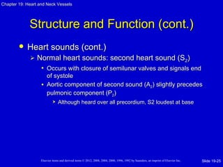 Chapter 19: Heart and Neck Vessels




             Structure and Function (cont.)
           Heart sounds (cont.)
                Normal heart sounds: second heart sound (S2)
                  • Occurs with closure of semilunar valves and signals end
                     of systole
                   • Aortic component of second sound (A2) slightly precedes
                     pulmonic component (P2)
                               Although heard over all precordium, S2 loudest at base




                   Elsevier items and derived items © 2012, 2008, 2004, 2000, 1996, 1992 by Saunders, an imprint of Elsevier Inc.   Slide 19-25
 