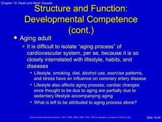 Chapter 19: Heart and Neck Vessels

                 Structure and Function:
               Developmental Competence
                         (cont.)
           Aging adult
                It is difficult to isolate “aging process” of
                 cardiovascular system, per se, because it is so
                 closely interrelated with lifestyle, habits, and
                 diseases
                   • Lifestyle, smoking, diet, alcohol use, exercise patterns,
                     and stress have an influence on coronary artery disease
                   • Lifestyle also affects aging process; cardiac changes
                     once thought to be due to aging are partially due to
                     sedentary lifestyle accompanying aging
                   • What is left to be attributed to aging process alone?

                   Elsevier items and derived items © 2012, 2008, 2004, 2000, 1996, 1992 by Saunders, an imprint of Elsevier Inc.   Slide 19-49
 