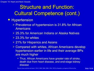 Chapter 19: Heart and Neck Vessels


                 Structure and Function:
               Cultural Competence (cont.)
           Hypertension
                Prevalence of hypertension is 31.8% for African
                 Americans
                25.3% for American Indians or Alaska Natives
                23.3% for whites
                21% for Hispanics and Asians
                Compared with whites, African Americans develop
                 hypertension earlier in life and their average BPs
                 are much higher
                  • Thus, African Americans have greater rate of stroke,
                       death due from heart disease, and end-stage kidney
                       disease
                   Elsevier items and derived items © 2012, 2008, 2004, 2000, 1996, 1992 by Saunders, an imprint of Elsevier Inc.   Slide 19-58
 