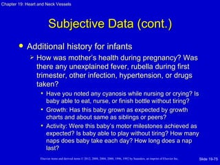 Chapter 19: Heart and Neck Vessels




                         Subjective Data (cont.)
           Additional history for infants
                How was mother’s health during pregnancy? Was
                 there any unexplained fever, rubella during first
                 trimester, other infection, hypertension, or drugs
                 taken?
                   • Have you noted any cyanosis while nursing or crying? Is
                     baby able to eat, nurse, or finish bottle without tiring?
                   • Growth: Has this baby grown as expected by growth
                     charts and about same as siblings or peers?
                   • Activity: Were this baby’s motor milestones achieved as
                     expected? Is baby able to play without tiring? How many
                     naps does baby take each day? How long does a nap
                     last?
                   Elsevier items and derived items © 2012, 2008, 2004, 2000, 1996, 1992 by Saunders, an imprint of Elsevier Inc.   Slide 19-75
 