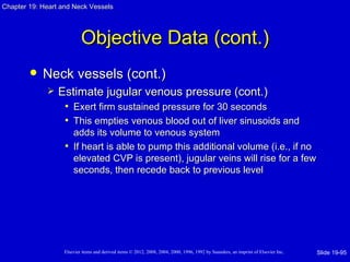 Chapter 19: Heart and Neck Vessels




                           Objective Data (cont.)
           Neck vessels (cont.)
                Estimate jugular venous pressure (cont.)
                  • Exert firm sustained pressure for 30 seconds
                  • This empties venous blood out of liver sinusoids and
                     adds its volume to venous system
                   • If heart is able to pump this additional volume (i.e., if no
                     elevated CVP is present), jugular veins will rise for a few
                     seconds, then recede back to previous level




                   Elsevier items and derived items © 2012, 2008, 2004, 2000, 1996, 1992 by Saunders, an imprint of Elsevier Inc.   Slide 19-95
 