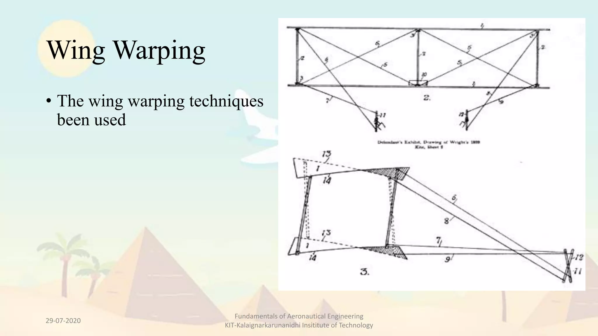 Wing Warping
• The wing warping techniques
been used
29-07-2020
Fundamentals of Aeronautical Engineering
KIT-Kalaignarkarunanidhi Insititute of Technology
 