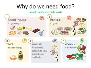 Why do we need food?
Food contains nutrients
 