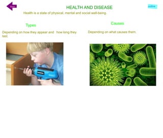 HEALTH AND DISEASE
Types
Depending on how they appear and how long they
last.
Causes
Depending on what causes them.
Health is a state of physical, mental and social well-being.
Back outline
 